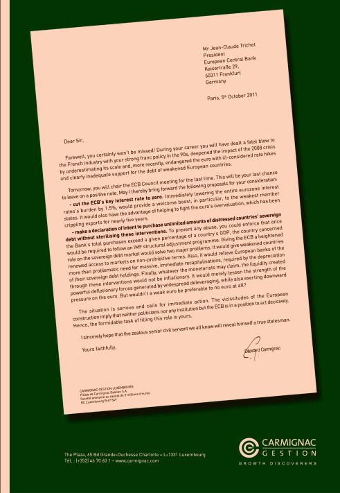 Lettre de Edouard CARMIGNAC à Jean-Claude TRICHET, président de la BCE